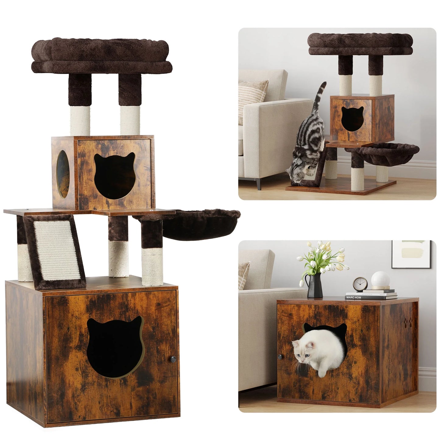 Modern Cat Tree, Haven for Feline Friends - 4-In-1 Cat Tree, Litter Box Enclosure, and End Table Combo