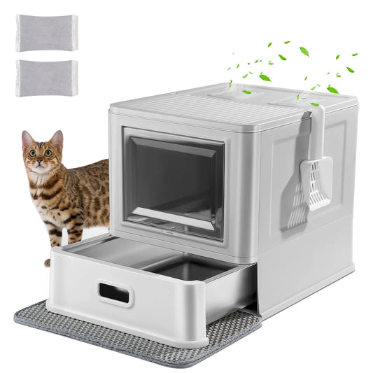 Enclosed Stainless Steel Cat Litter Box with Pull Out Tray