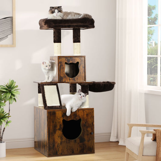 Modern Cat Tree, Haven for Feline Friends - 4-In-1 Cat Tree, Litter Box Enclosure, and End Table Combo
