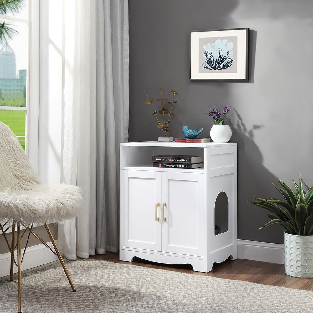 Cat Litter Box Furniture, Cat Washroom Hidden Litter Box Enclosure with 2 Entrances, Cat House Storage Nightstand, Wooden Pet Crate Furniture