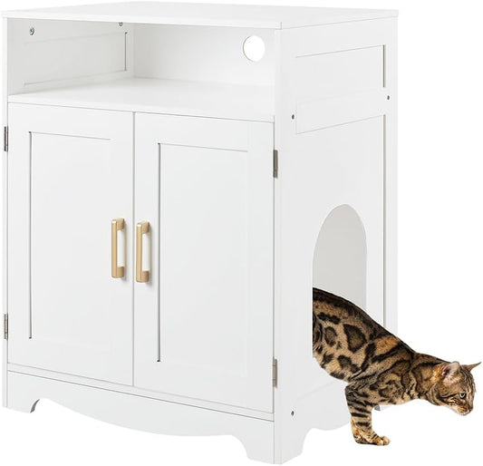 Cat Litter Box Furniture, Cat Washroom Hidden Litter Box Enclosure with 2 Entrances, Cat House Storage Nightstand, Wooden Pet Crate Furniture