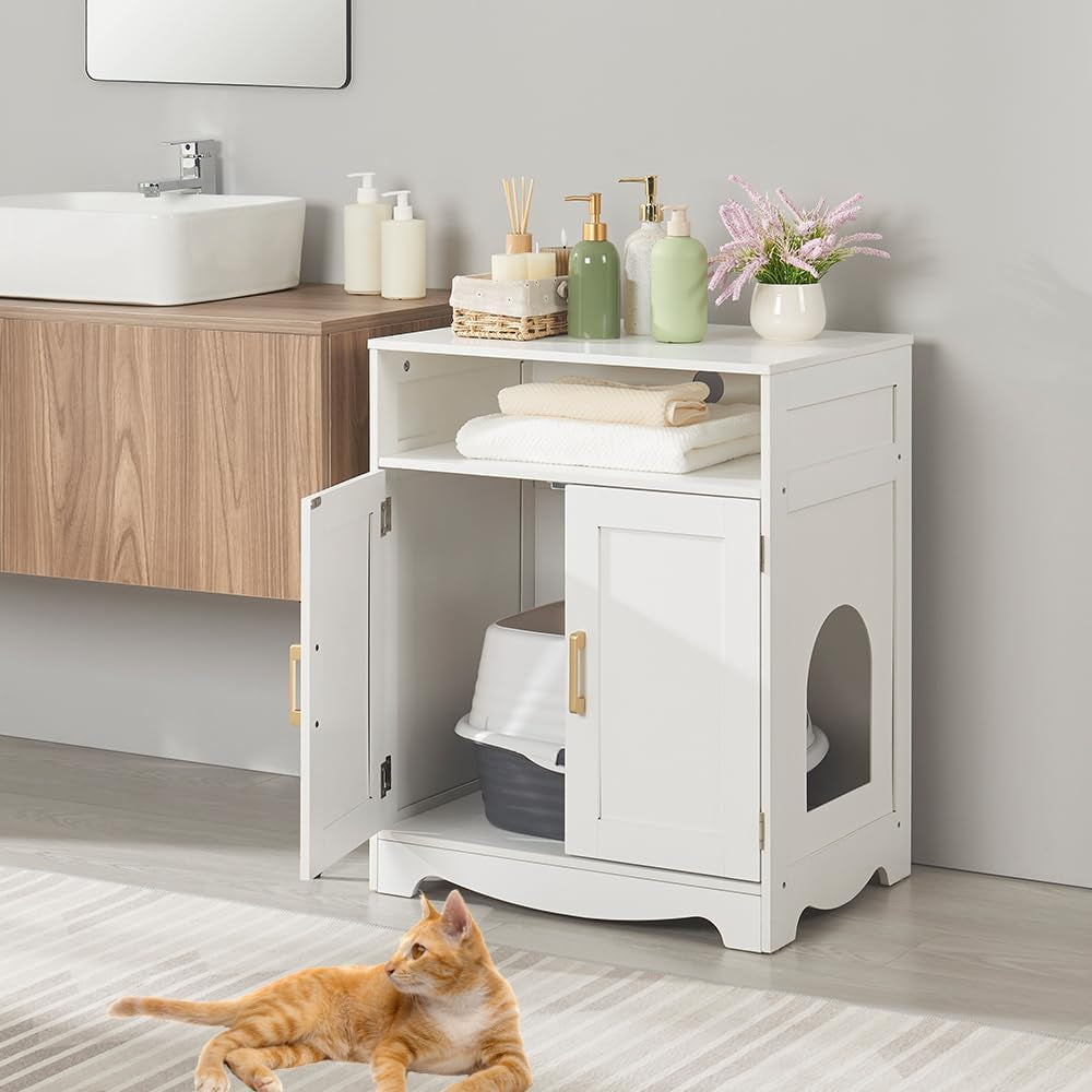 Cat Litter Box Furniture, Cat Washroom Hidden Litter Box Enclosure with 2 Entrances, Cat House Storage Nightstand, Wooden Pet Crate Furniture