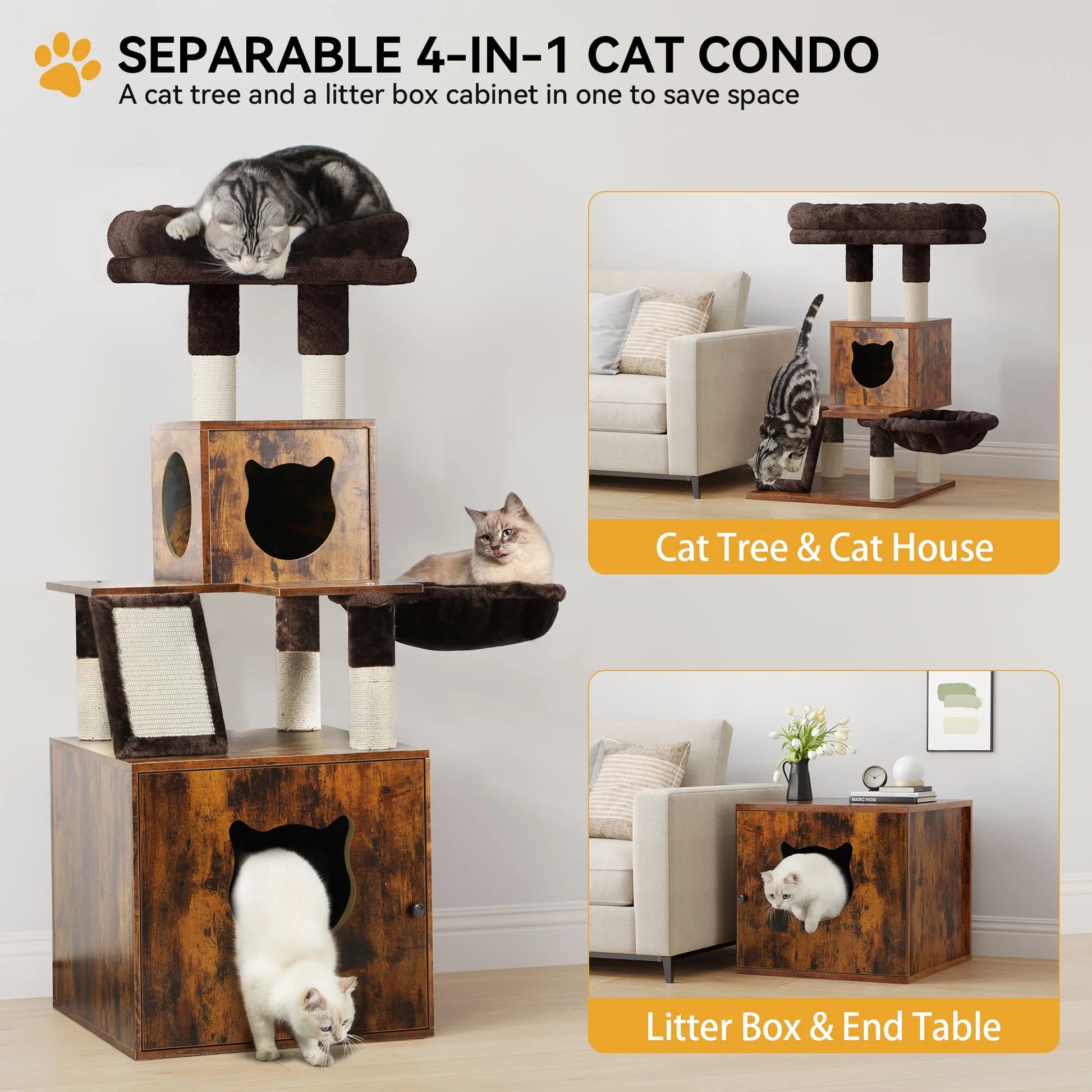 Modern Cat Tree, Haven for Feline Friends - 4-In-1 Cat Tree, Litter Box Enclosure, and End Table Combo