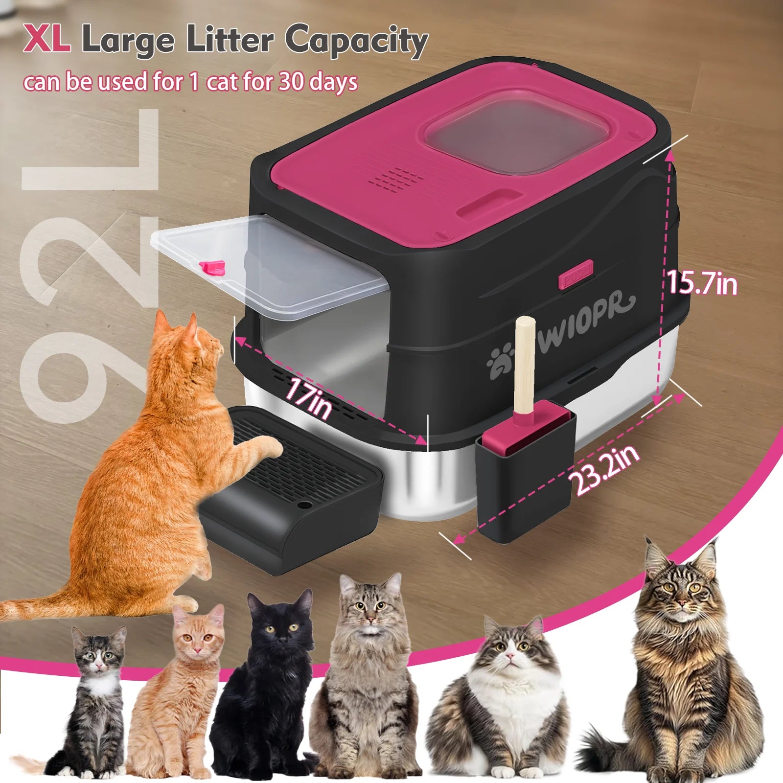 Extra Large Stainless Steel Enclosed Cat Litter Box - Odor-Resistant, Easy Clean - Gray