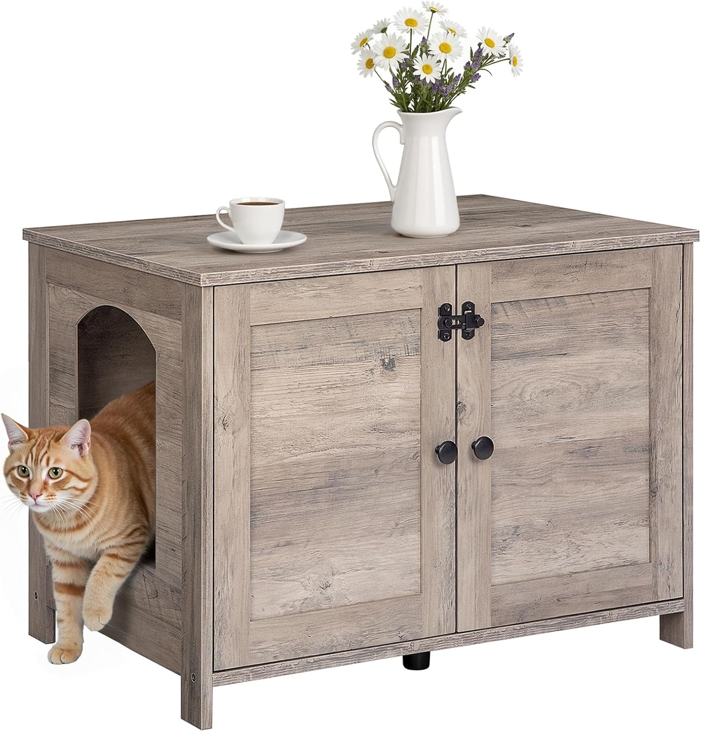 Litter Box Enclosure, Cat Litter Box Furniture with Removable Divider, Large Hidden Litter Box Furniture, Wooden Cat House, End Side Table, 31" L X 17.5" W X 19.7" H, Greige BG03MW01G2