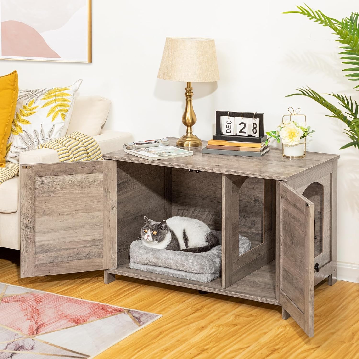 Litter Box Enclosure, Cat Litter Box Furniture with Removable Divider, Large Hidden Litter Box Furniture, Wooden Cat House, End Side Table, 31" L X 17.5" W X 19.7" H, Greige BG03MW01G2