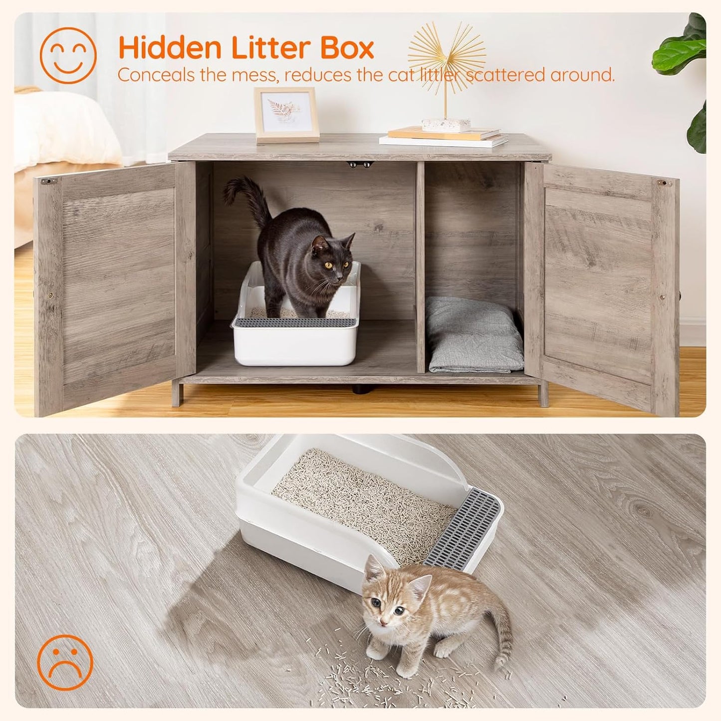 Litter Box Enclosure, Cat Litter Box Furniture with Removable Divider, Large Hidden Litter Box Furniture, Wooden Cat House, End Side Table, 31" L X 17.5" W X 19.7" H, Greige BG03MW01G2