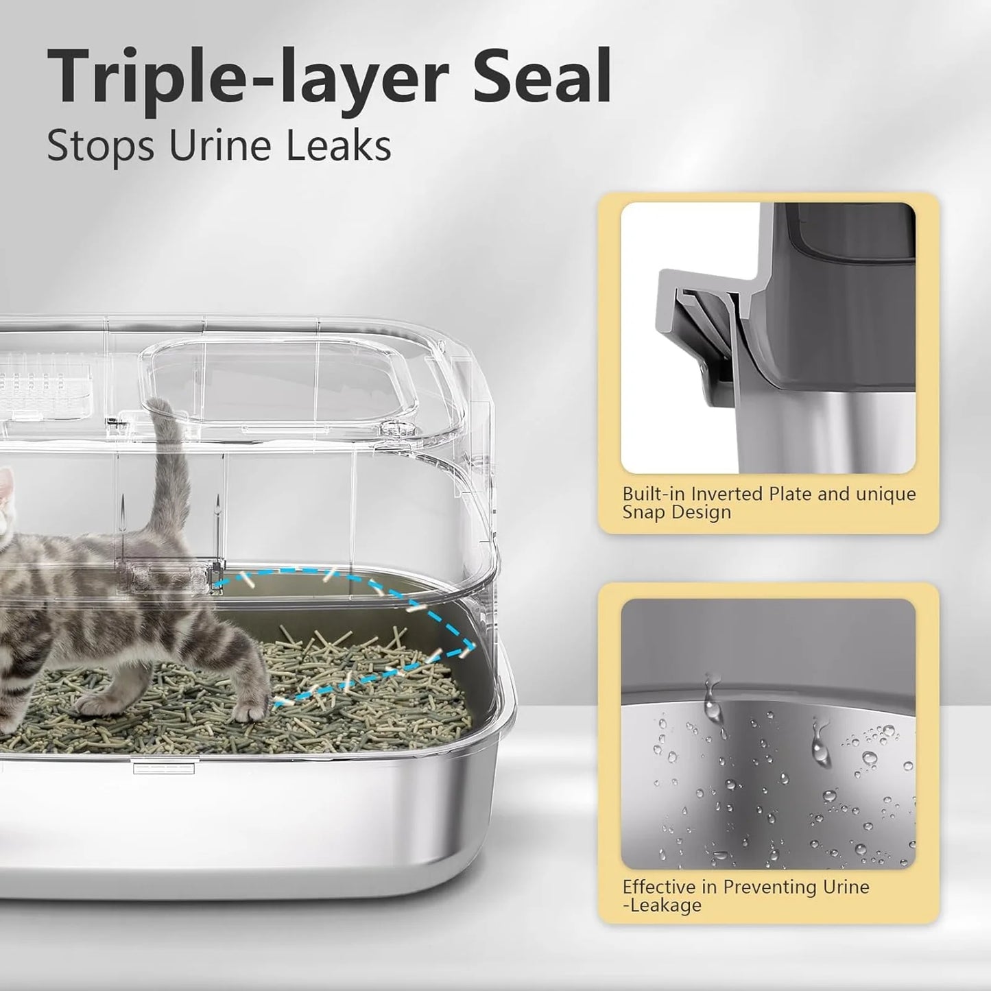 Extra Large Stainless Steel Enclosed Cat Litter Box - Odor-Resistant, Easy Clean - Gray
