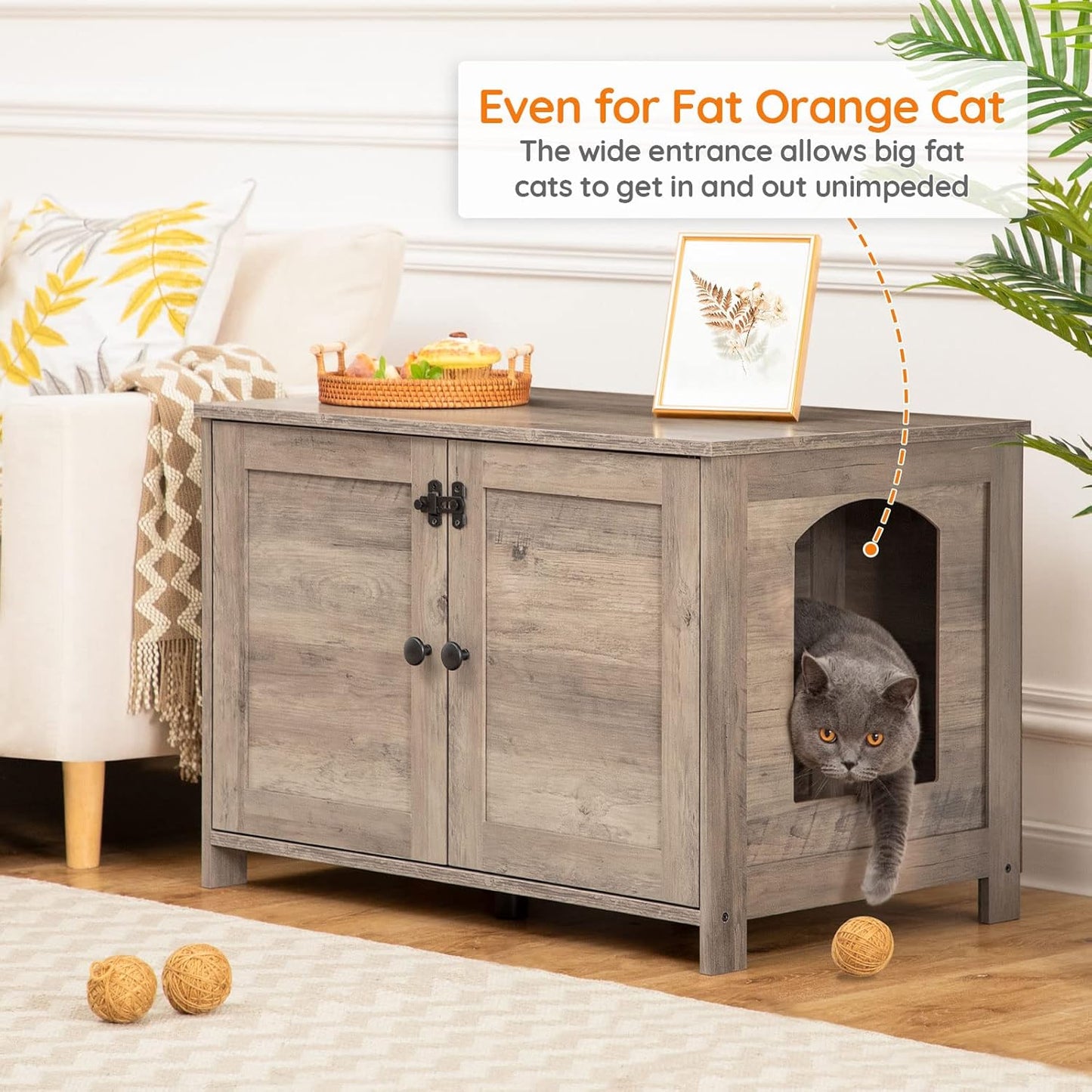 Litter Box Enclosure, Cat Litter Box Furniture with Removable Divider, Large Hidden Litter Box Furniture, Wooden Cat House, End Side Table, 31" L X 17.5" W X 19.7" H, Greige BG03MW01G2