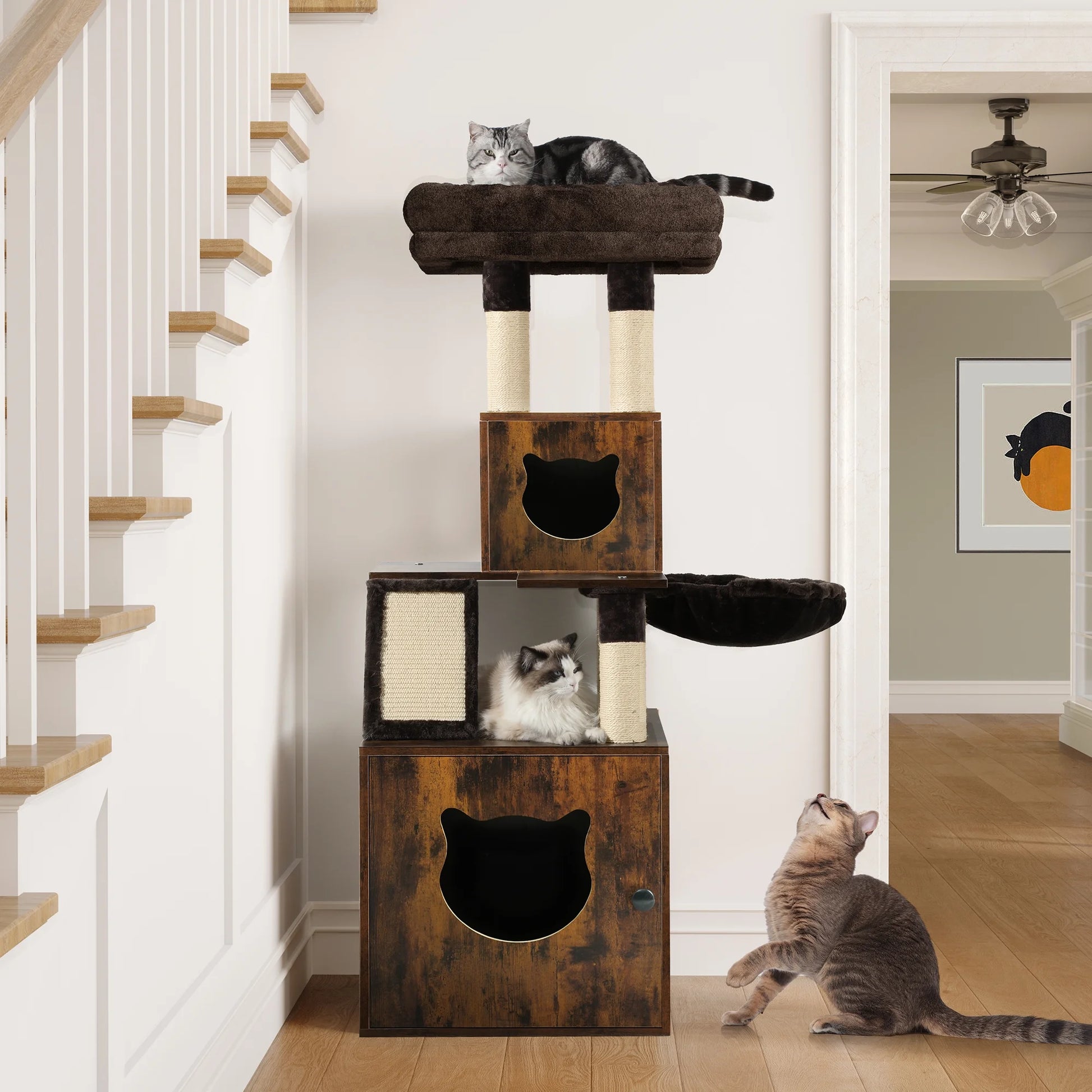 Modern Cat Tree, Haven for Feline Friends - 4-In-1 Cat Tree, Litter Box Enclosure, and End Table Combo