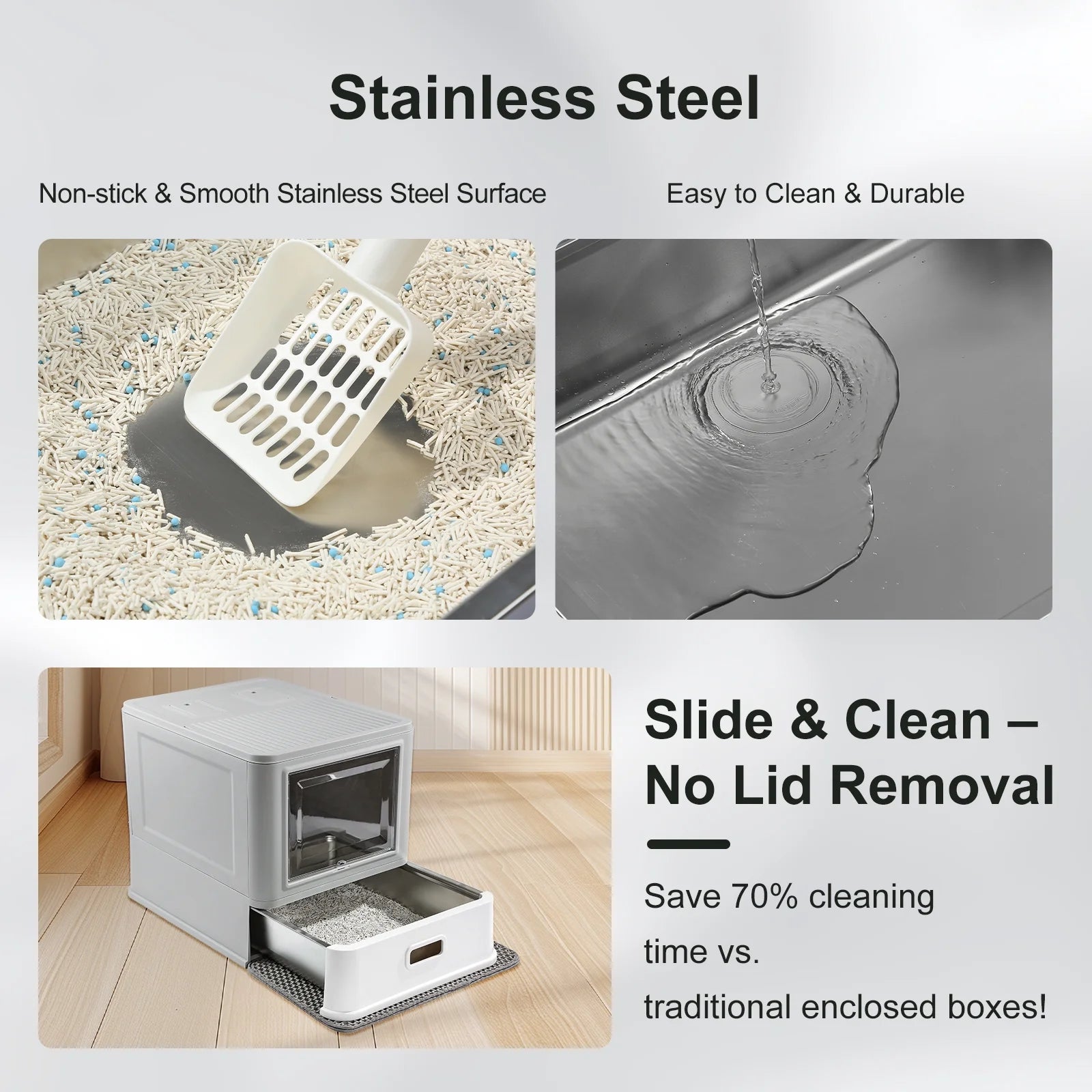 Enclosed Stainless Steel Cat Litter Box with Pull Out Tray