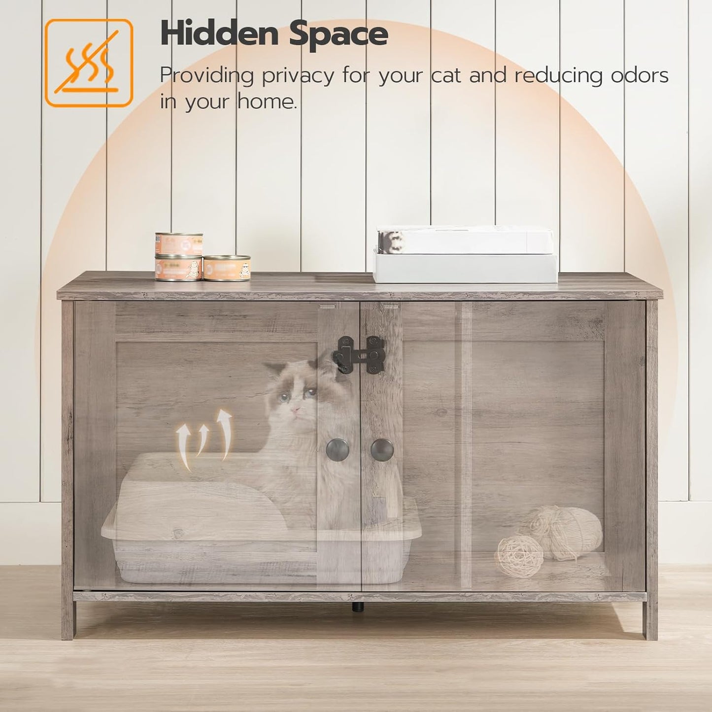 Litter Box Enclosure, Cat Litter Box Furniture with Removable Divider, Large Hidden Litter Box Furniture, Wooden Cat House, End Side Table, 31" L X 17.5" W X 19.7" H, Greige BG03MW01G2