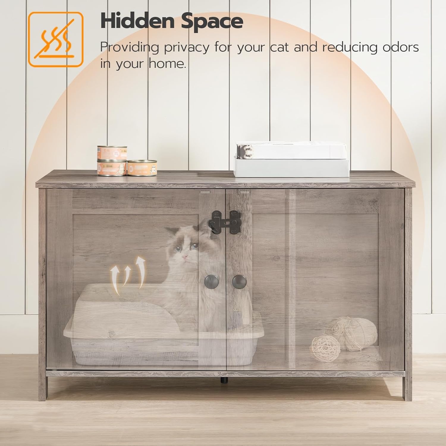 Litter Box Enclosure, Cat Litter Box Furniture with Removable Divider, Large Hidden Litter Box Furniture, Wooden Cat House, End Side Table, 31" L X 17.5" W X 19.7" H, Greige BG03MW01G2