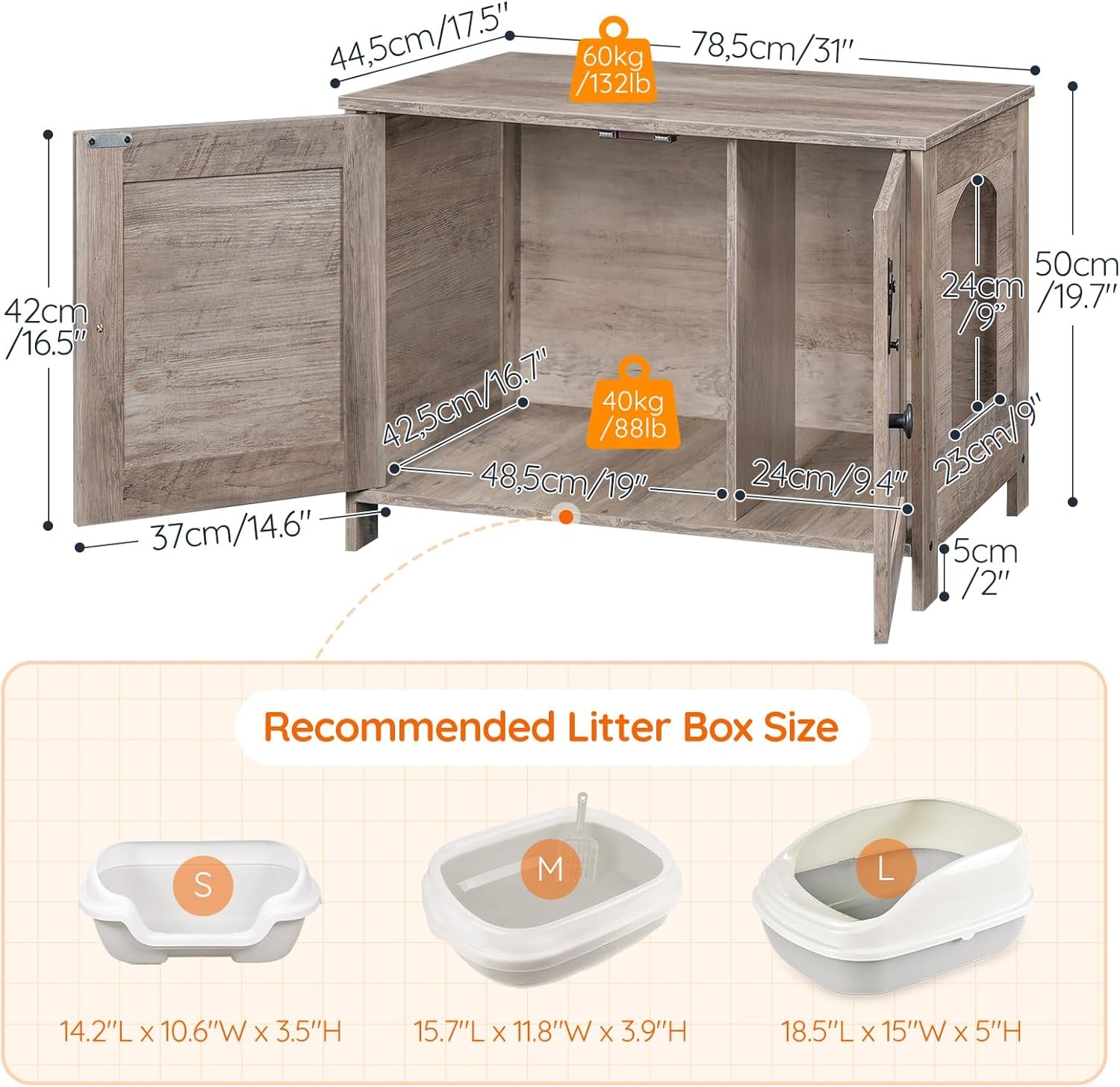 Litter Box Enclosure, Cat Litter Box Furniture with Removable Divider, Large Hidden Litter Box Furniture, Wooden Cat House, End Side Table, 31" L X 17.5" W X 19.7" H, Greige BG03MW01G2